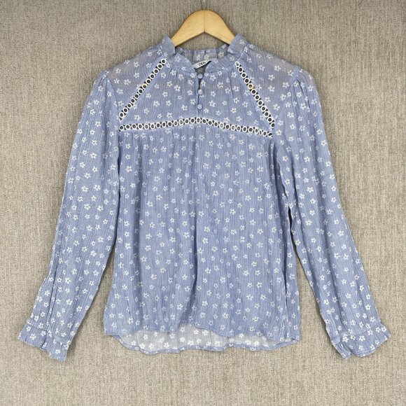 Zara Top Womens Small Blue Floral Blouse Ruffle Cuff Neck Blouse Cut‎ Out - Picture 2 of 11